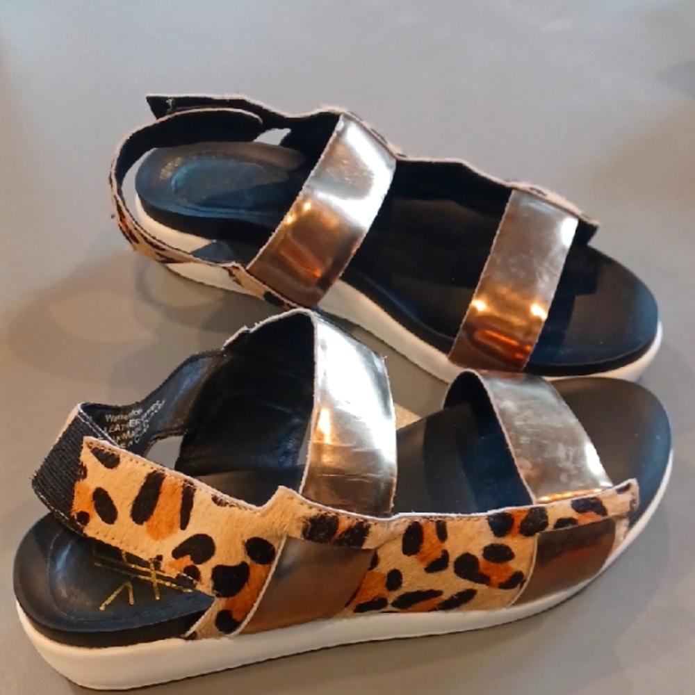 Leather Leopard Print and Metallic Sandals
